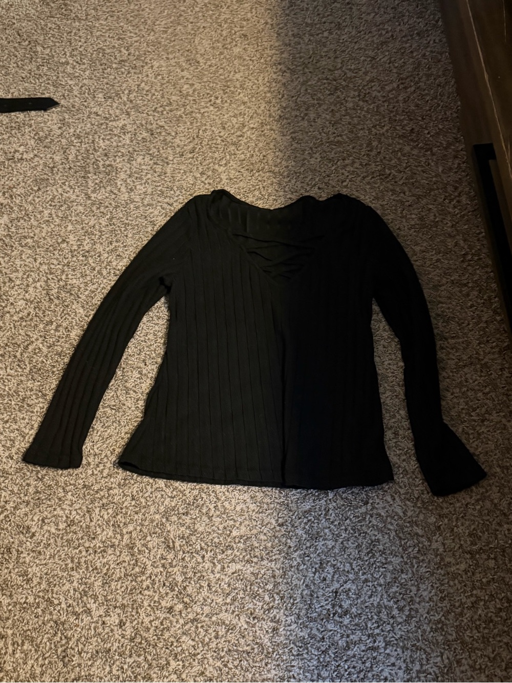 Women’s Black Ribbed Long-Sleeve Top with V-Cut Detail